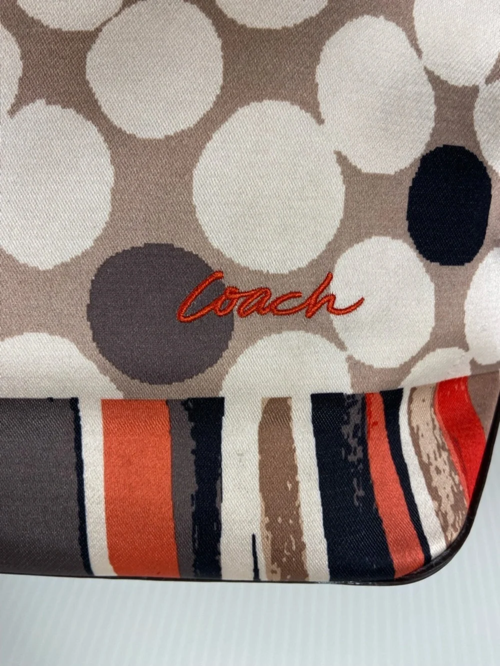 Coach Polka Dot Stripe Tote Satin Scarf Print Leather Trim Red Lining Rare